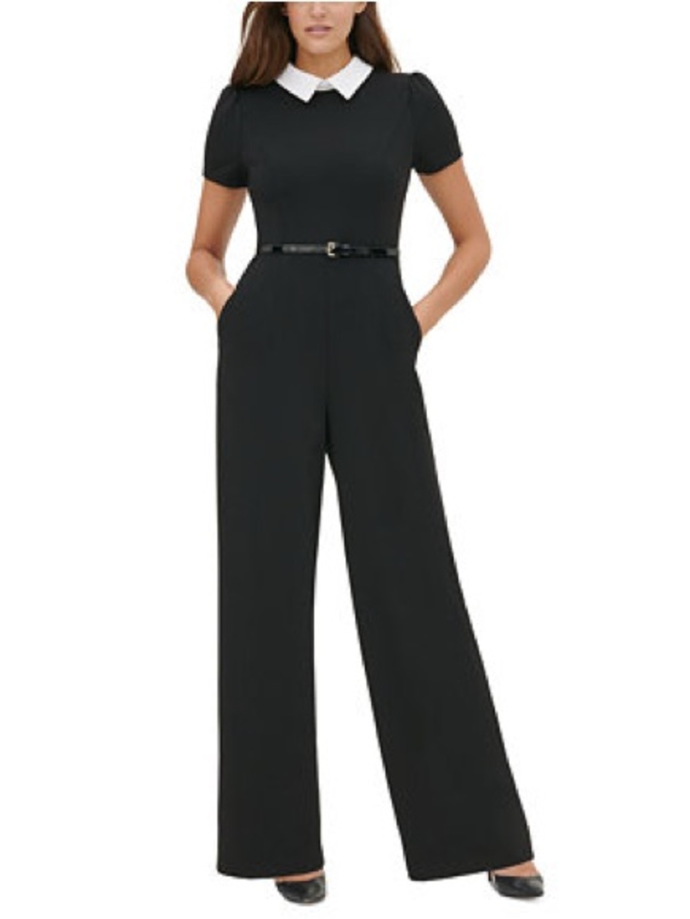 Black Wide-Leg Jumpsuit with White Collar and Belt